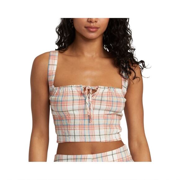 RVCA Bella Multicolor Plaid Lace-Up Cropped Tank Top Women's Size Large NWT - Picture 1 of 9